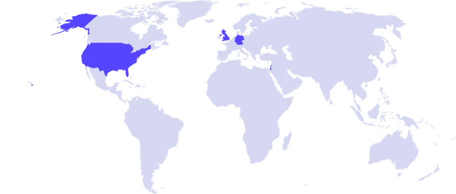 World map highlighting United States, Germany, United Kingdom and Israel