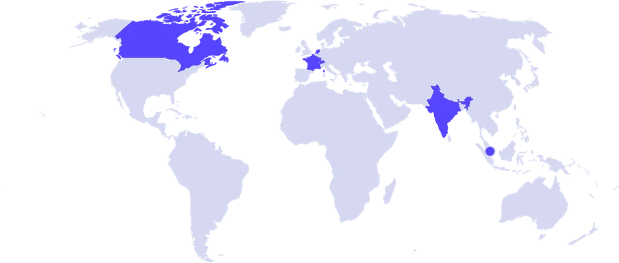 World map highlighting Switzerland, France, Canada, Singapore, India and Netherlands