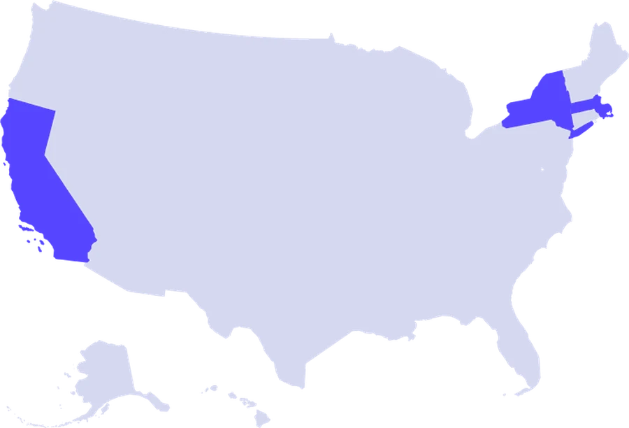 US map highlighting California, New York and Massachusetts